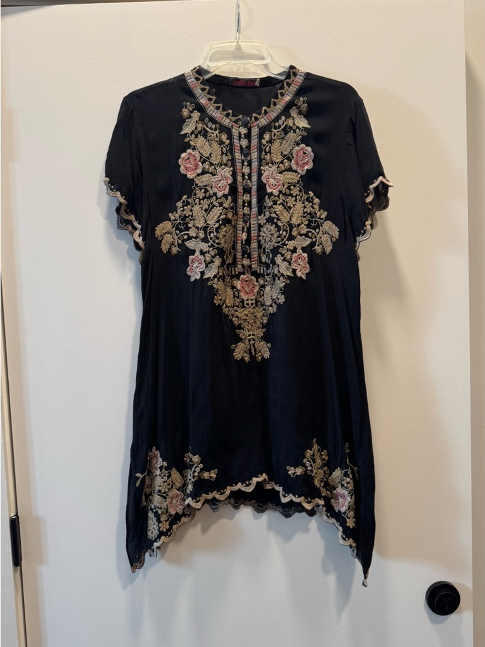 Johnny Was black embroidered top with cream and gold accents
